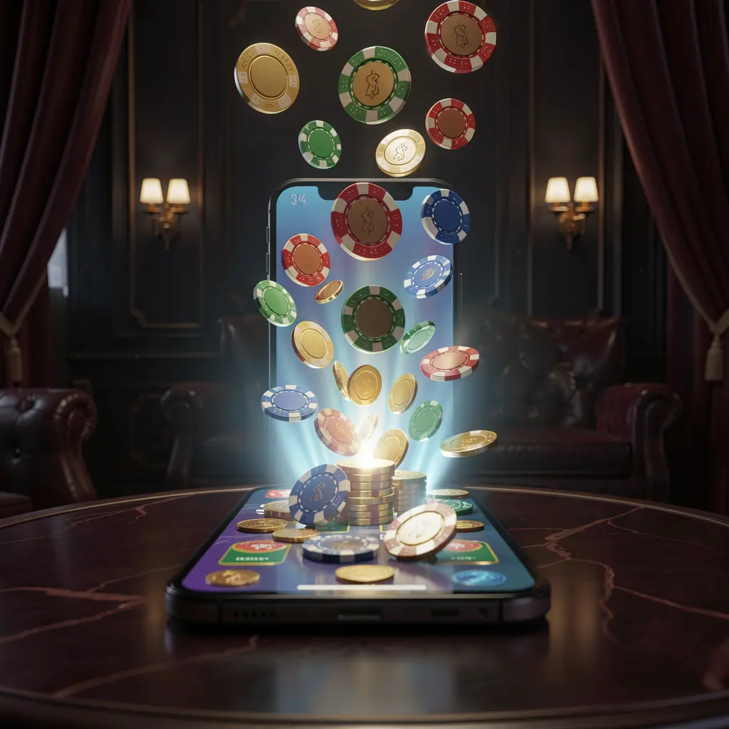 33SBD online gaming app displayed on a smartphone screen with glowing casino chips and coins emerging against a luxury dark background with cinematic lighting in a high detail 3D render