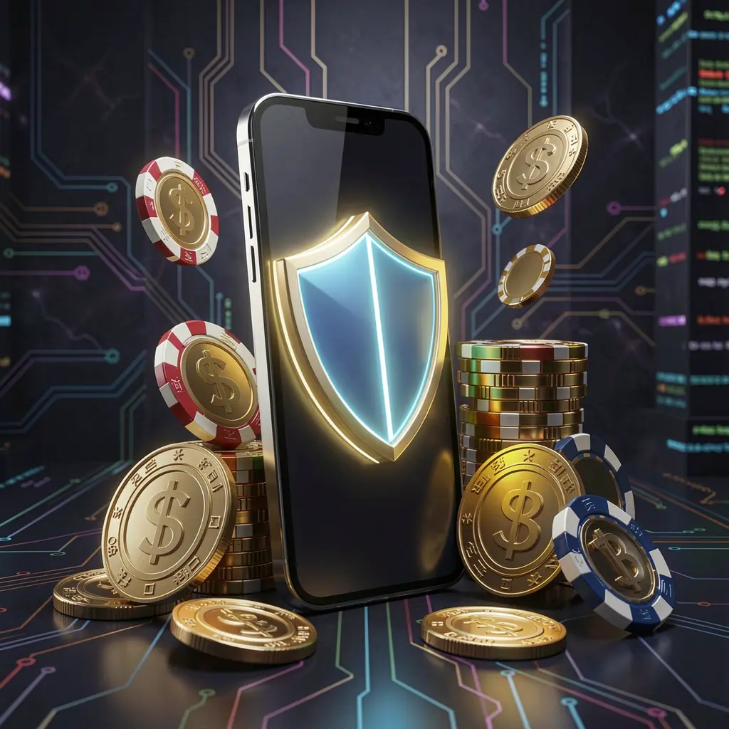 33SBD secure mobile casino app concept showing a smartphone with a glowing shield icon surrounded by golden coins and chips against a dark luxury cyber background