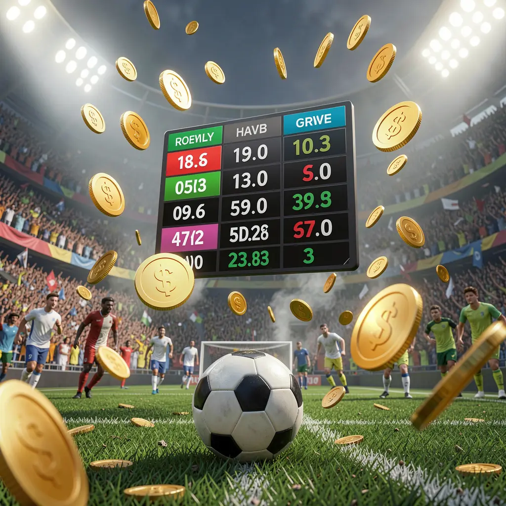 33SBD sports betting page showing a packed football stadium with a soccer ball in the foreground, floating digital odds interface, and golden coins flying in a realistic 3D illustration