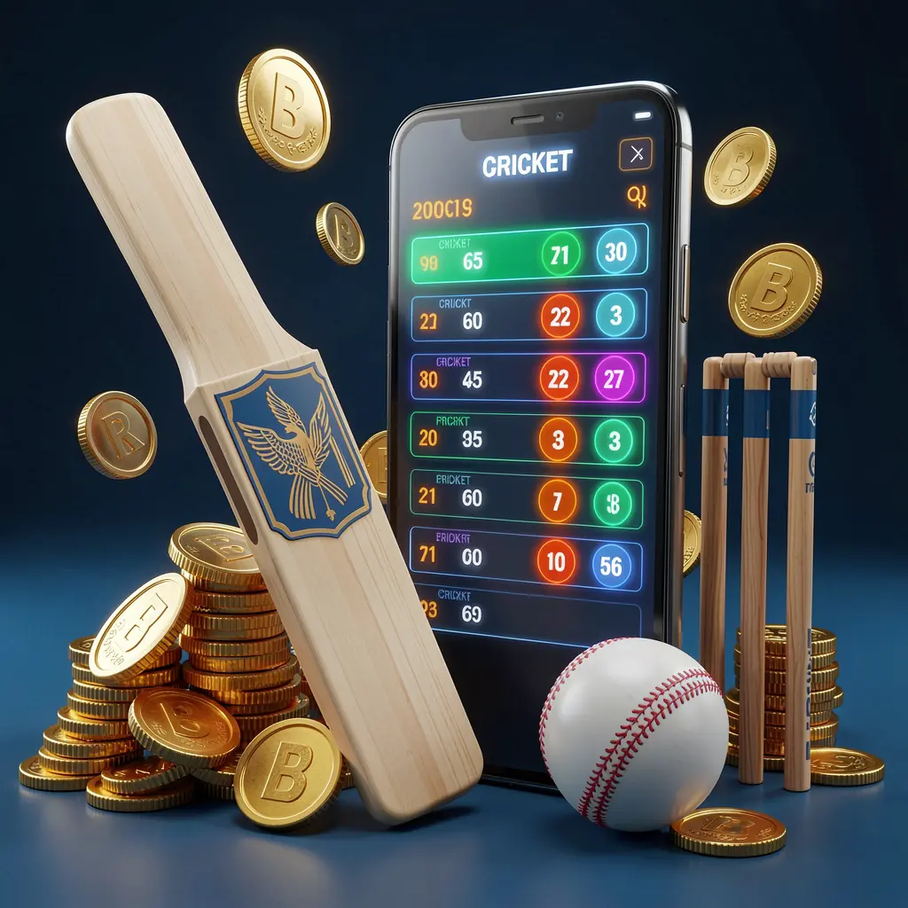 33SBD modern cricket betting visual featuring a smartphone displaying glowing cricket odds interface surrounded by a cricket bat, ball, wickets, and golden coins in a premium 3D illustration