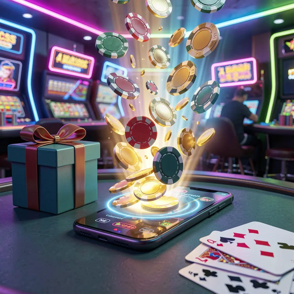33SBD mobile casino bonus scene with a modern smartphone displaying glowing casino chips and coins coming out of the screen, surrounded by a gift box and playing cards in a bright neon casino atmosphere