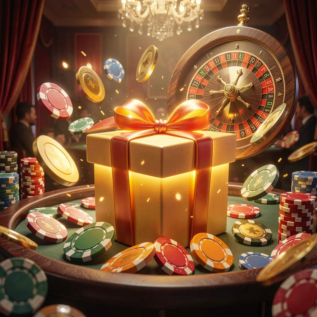 33SBD welcome bonus visual featuring a glowing gift box, roulette wheel, poker chips, and flying coins in a festive casino atmosphere with cinematic lighting and high detail