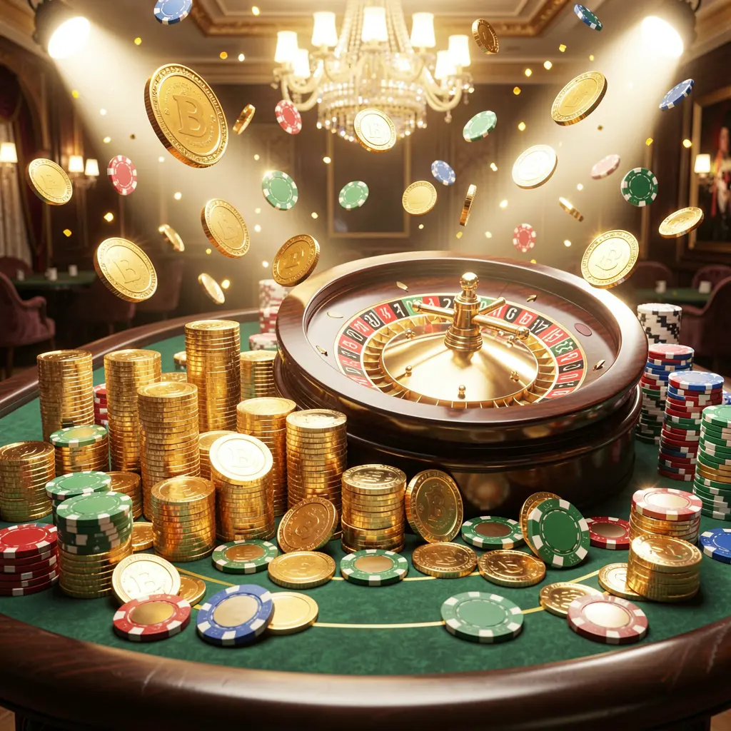 33SBD casino jackpot scene featuring golden coins, colorful poker chips, and a roulette wheel illuminated by bright glowing lights in a luxury celebration atmosphere
