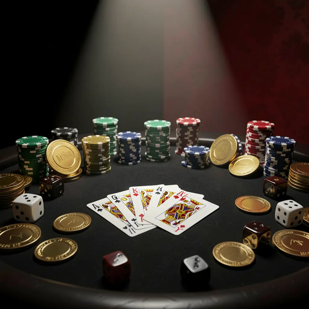 33SBD casino table featuring a royal flush hand with poker chips, golden coins, and dice on a luxury black and red background under a dramatic spotlight in a realistic 3D render