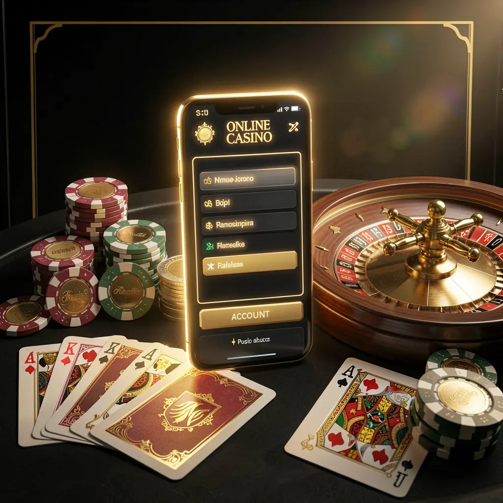 33SBD online casino account portal with glowing smartphone, premium cards, chips, roulette wheel, and coins on black and gold background with cinematic lighting