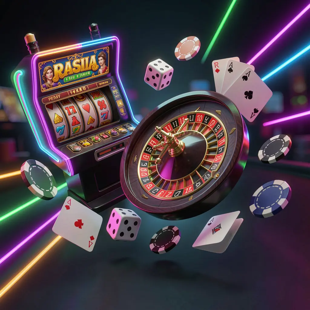 33SBD casino games collection homepage visual featuring a slot machine, roulette wheel, dice, playing cards, and poker chips floating together with colorful neon lights in a premium 3D render